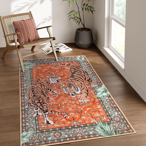 Moynesa Tiger 3x5 Washable Rug, Boho Area Rugs for Entryway, Non Slip Small Rug for Bedroom, Ultra Thin Botanical Vintage Soft Accent Carpet for Kitchen Entry Laundry Room, Rust