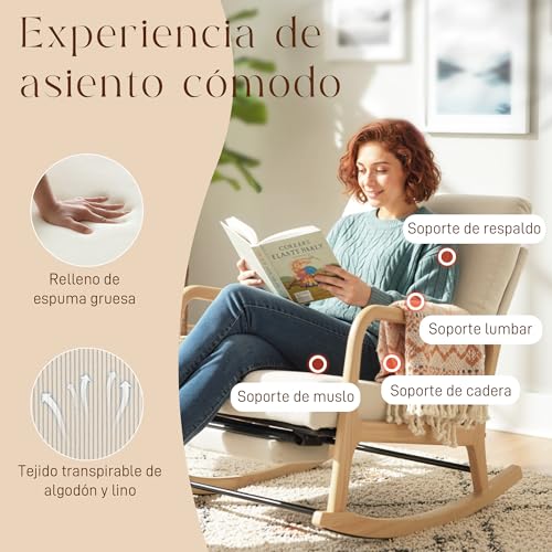 Miniatura 6 de Homcom Silla Mecedora Con Reposapiés, Respaldo Ajustable, Mecedora De Pana Nórdica, Patas De Madera, Reposabrazos, Cojín Lumbar, Sillón De Relax, Carga 120 Kg, Para Dormitorio, Salón, Crema
