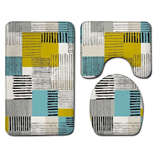 3 Teilig Badematte Set Liniengeometrie 3D Badematten Set rutschfest, Badezimmerteppich,U-förmiger WC-Vorleger,WC…