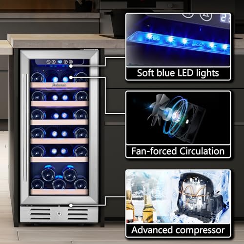 kalamera 15 inch wine cooler refrigerator - 30 bottle under counter mini fridge with double-layer tempered glass door and temperature memory function built-in or freestanding