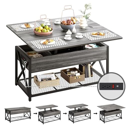 Osfvolr 43" Lift Top Coffee Table with Charging Station, 4 in 1 Coffee Tables with Storage, Farmhouse Coffee Table Converts to Dining Table for Living Room, Game Table, Home Office