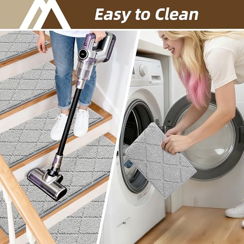 COSY HOMEER 15 Pack Full Edge Wrapping Stair Carpet Treads,70x22 CM Non-Slip Stair Tread Runners for Indoor Wooden Steps Stairs Soft Polyester, Easy Care & Peel, Noice Reduction, Grey - Image 5