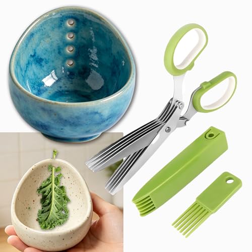 2026 Latest Herb Stripper Pottery Bowl Cutter Tool: Stripping Ceramic Fresh Herbs Kale Striper Cilantro Cutting Razor Gifts Herbalists Peeler Shredder Chopper Clay Copper Small Cup Grater (Blue)