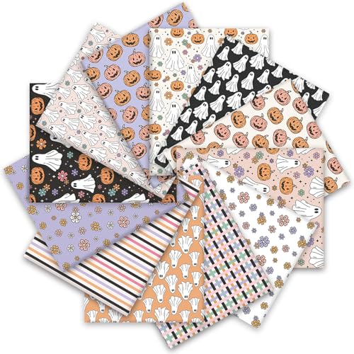 JarThenaAMCS 12Pcs Halloween Cotton Fabric Bundles Pumpkin Ghost Flower Fat Quarters Purple Black Pink Orange Quilting Patchwork for DIY Sewing Craft Decor 18 x 22 Inch