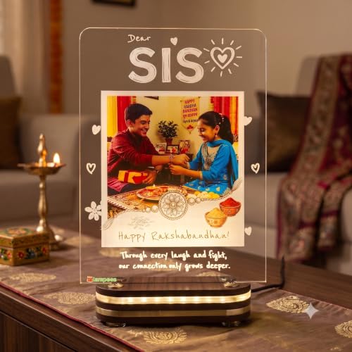Image of lampees Personalised Sister LED Photo Lamp, 18x12 cm | Raksha Bandhan Keepsake, Custom Engraving, Warm LED Glow, Acrylic & Wood Base, Insert Your Photo