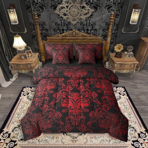 Erosebridal Gothic Damask Bed in a Bag Queen Comforter Set 7 Piece Exotic Moth Bedding Sets Red Black Victorian Floral Goth Sheet Set with Comforter