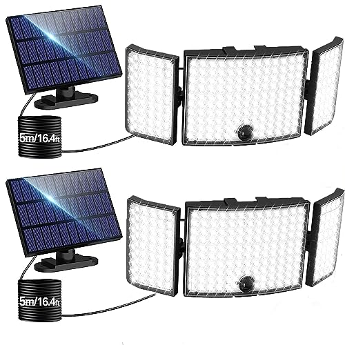 CLAONER Motion Sensor Outdoor Lights - 3500LM 234 LED Solar Outdoor Lights with Remote Control, IP65 Waterproof 3 Heads Flood Lights, 330Â° Lighting Angle Solar Security Lights with 16.4ft Cable 2 Pack