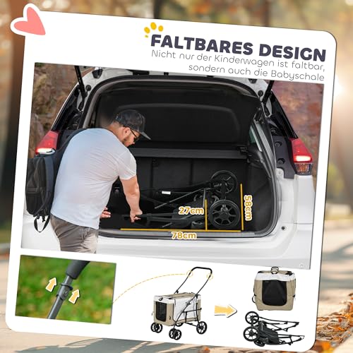 PawHut 2 in 1 Hundewagen Hundebuggy klappbar für Hunde & Katzen bis 10 kg Katzenbuggy mit Kissen Netzfenstern Türen Aufbewahrungskorb Katzenwagen Buggy Khaki