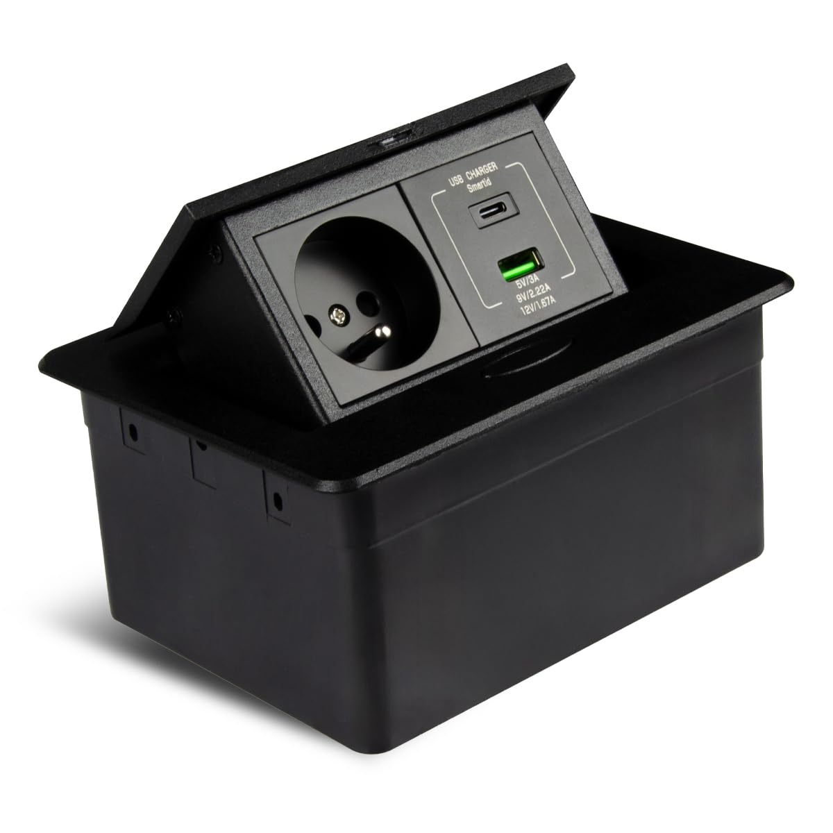 Einbausteckdose Schwarz Matt mit USB C & A – Versenkbare Tischsteckdose für Küche & Büro – 1-Fach Schuko Steckdosenleiste mit 1,8m Kabel & Stecker – Flaches Design, Aluminium – MB MINI II