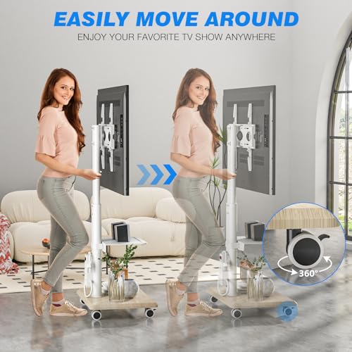 Rfiver Sleek Rolling TV Stand with Power Outlet for Home Decor, Height Adjustable Portable TV Stand on Wheels for 32-75 Inch TVs, Strong Tall Mobile TV Cart with Mount Up to 88 lbs, White