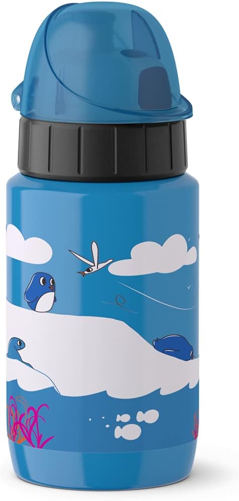 Emsa Light Steel 518359 - Botella (acero inoxidable, 0,4 L, cierre automático), diseño de pingüino