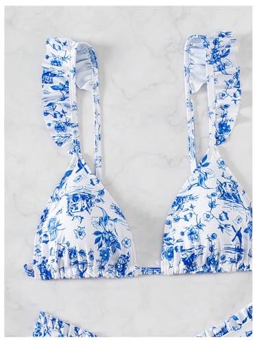 Women's 2 Piece Bikini Sets High Cut Ruffle Trim Triangle Floral Bathing Suit Wireless Tie Back Swimsuit4