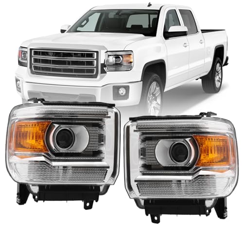 Headlight Assembly Compatible with 2014-2018 GMC Sierra 1500HD | 2015-2019 GMC Sierra 2500HD/ 3500HD Base/Denali/SLE/SLT Chrome Housing Amber Reflector Without LED Daytime Running lights Headlamp