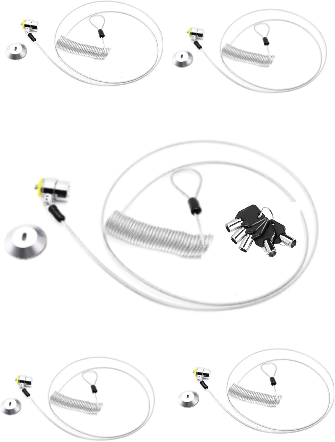 10-Foot Retractable Anti-Theft Steel Cable Lock with Lock Plate, Suitable for laptops, Tablets, Monitors, and Mobile Phones (Silver, Keyed All Alike 5Pack)