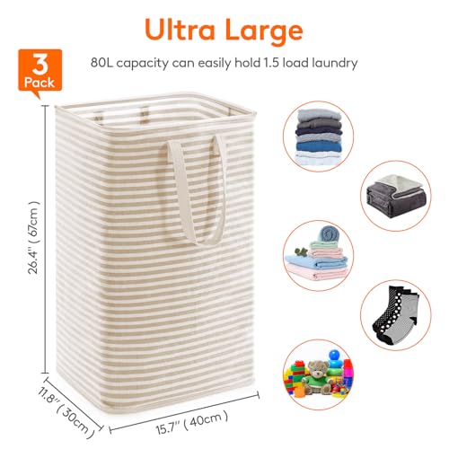 Image of Lifewit 3 Pack Laundry Basket 80L Each, Collapsible Clothes Hamper with Reinforced Handles, Freestanding Waterproof Design for Bedroom and Laundry Room, Beige 240L Total