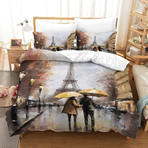 QDZHCPMYK 3D, Imprimé Paris Street Scene—Romantic Autumn Painting Parure De Lit Microfibre Super Douce Et Respirante Set De Housse De Couette 3 Pièces avec...