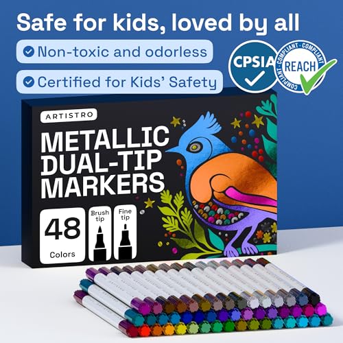 Image of ARTISTRO 48 Metallic Dual-Tip Acrylic Paint Markers - Paint Pens Set with Dot & Fine Tips for Fabric, Rock, Glass, Wood, Coloring Books - Arts & Crafts Gift - Classroom Must Haves & School Supplies