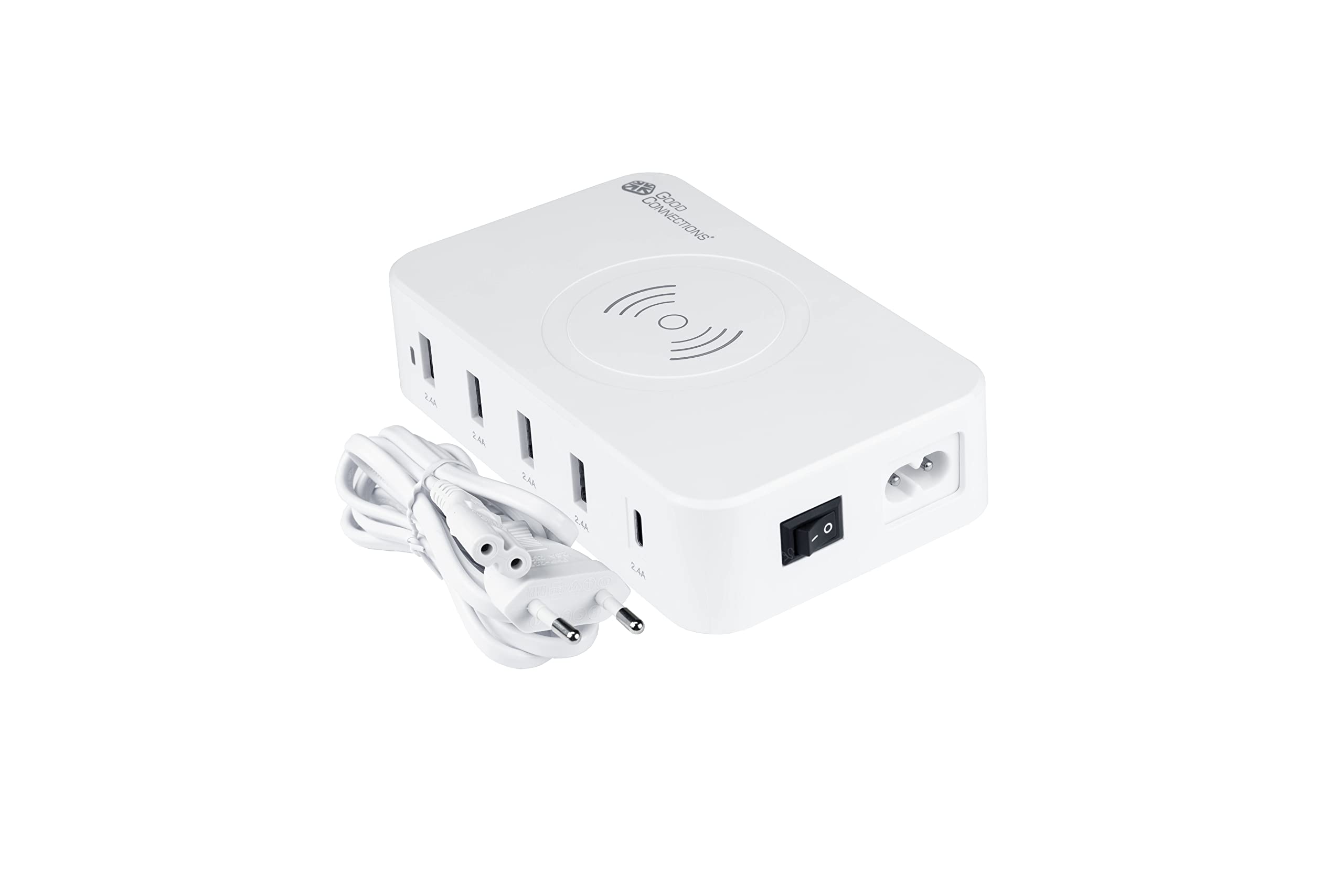 Good Connections Stazione di Ricarica Rapida USB 60 W – 5 Porte – 1 x USB C Max. 12 W e 4 x USB A Max. 12 W, Totale Max. 60 W – e 10 W Wireless Qi – per Smartphone, Tablet, iPhone, iPad ECC. – Bianco