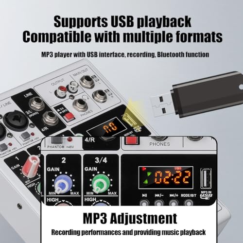 Table de mixage avec alimentation 48V fantôme et interface audio USB MP3
