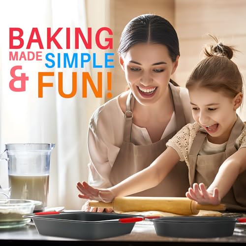 NutriChef Baking Trays Sets for oven Non stick, 6 Piece Oven Tray Set, Includes Bakeware Cookie Sheets Pan, Loaf Pan, Muffin Tins, Cake Tin, Black w/ Red Silicone Handles