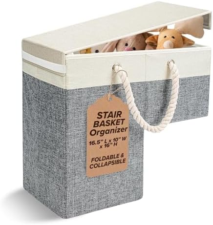 AA deLuxe 2 PACK | Stair Basket Organizer with Top Lid for Carpeted Stairs & Wooden Staircases. Versatile Sturdy Linen Storage Bag for Climbing, Laundry & Shoe