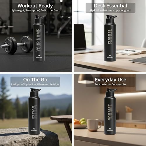 Image of Speedex Engraved Name Stainless Steel Sipper Water Bottle 1 Ltr - Customised Personalised Bottle for Kids & Adults, School, Gym, Sports, Black, Set of 1 (Black, Set Of 1)