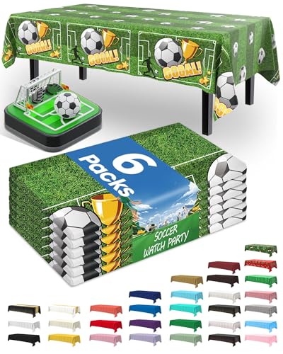 Image of Pureegg Soccer Plastic Table Cloth Disposable 6 Pack, 54 x 108 Inch | Soccer Party, Birthday Party, Sports Theme, Waterproof, Green White, Table Cover