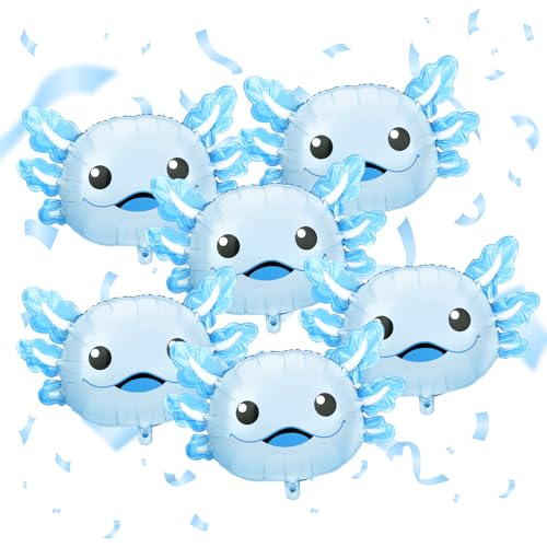 Image of 6 Pcs Axolotl Birthday Decorations, 26.8 inch Axolotl Balloon, Cute Inflatable Aluminum Foil Balloons, Summer Party Decorations, Beach Birthday Party Decorations, Axolotl Party Favors (Blue)