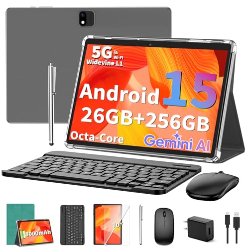 Image of Android Tablet with Keyboard, Android 15 Tablet 10 inch, 26GB+256GB+2TB Expand, 2-in-1 Tablets with 8-Core, 5G WiFi, 8000mAh, BT5.0, GMS, GPS, Gemini AI, Tablets PC with Mouse, Case, Stylus(Green)