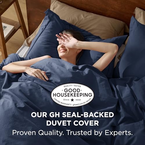 Bedsure 100% Washed Cotton Duvet Cover King Size - Navy Minimalist Cotton Duvet Cover Linen Like for All Seasons - GentleSoft™ Plain Simple Bedding (Navy, King, 104"x90")