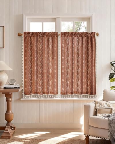 Image of Miss Adola Boho Kitchen Curtains - 36 Inch Length Linen Blend Floral Burnt Orange Cafe Curtains Tassels Tier Curtain Short Drapes Rod Pocket for Bathroom Living Room Windows Light Filtering, 2 Panels