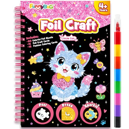 Image of FUNNYB&G Foil Art Craft Kit for Girls 4-10 Years Old: Mess-Free & No-Glue, Create 16 Sparkly Cute Little Cat Pictures - Perfect Travel Toy & Birthday Gift for Kids (Little Cat)