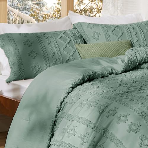 Bedsure Tufted Boho Comforter Set Twin Size - Green Boho Bed Set, GentleSoft™ 2 Pieces Farmhouse Shabby Chic Embroidery Bedding, Gifts for Woman, Soft Jacquard Twin Comforter for All Seasons