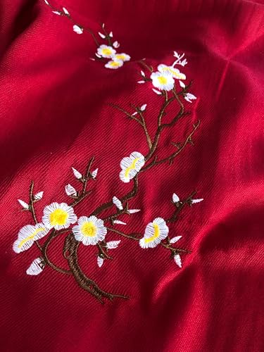 Secret for Longevity Classic Medium Weight Japanese Sakura Cherry Blossom Embroidered Deep Red Burgundy Womens Cashmere Feel Scarf Wrap (27" wide x 75" long)3