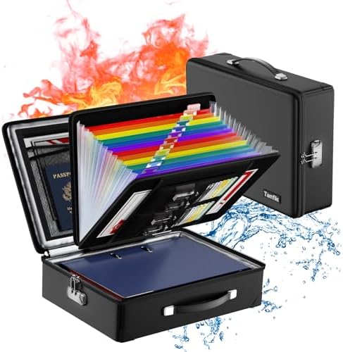 Fireproof Document Box with Fireproof Zipper, Hard Fireproof Safe Case with Lock, Fireproof Water Resistant Safe Box with Accordion File Organizer for Important Documents, Valuables, Laptop, Black