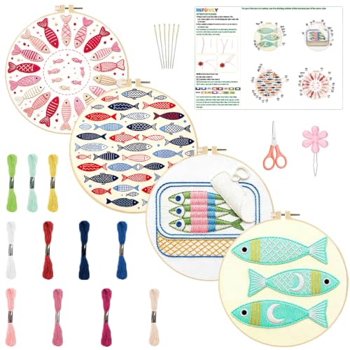 Image of INFUNLY 4Pcs Canned Sardines Embroidery Kit 12 Inch Round Pink Fish Wreath Needlework Practice Set Nautical Fish Embroidery Kits with Hoop for Adults Home Decor Birthday Gift