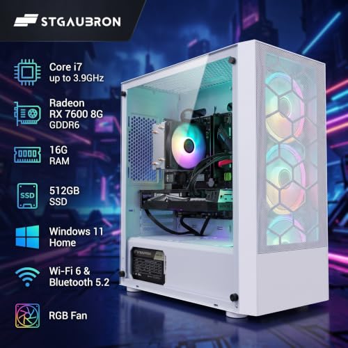 Image of STGAubron Gaming PC Desktop,Core I7,RX 7600 8G,16G RAM,512G SSD | Gaming Computer Tower for Streaming,Video Editing,Home,School,I7 up to 3.9GHz,ARGB Fan,WiFi 6,BT 5.2,4K DP,HDMI,Win11 Home