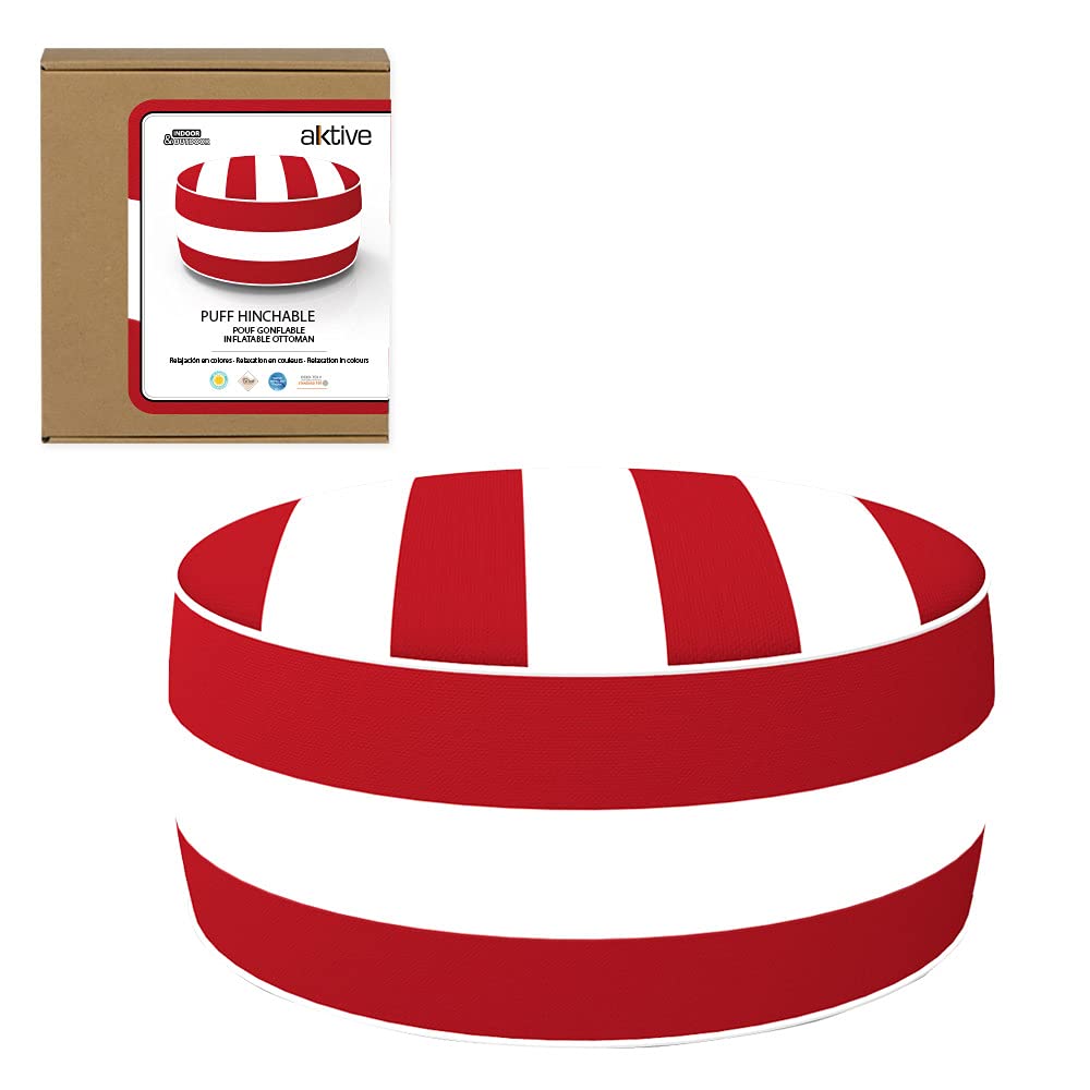 AKTIVE Pouf Gonflable, Pouf d'Extérieur, Repose-Pieds Gonflable, Ø53X23 cm, Motif Rayé Rouge, Tissu Imperméable, Supporte 100 kg, Mobilier de Jardin Extérieur