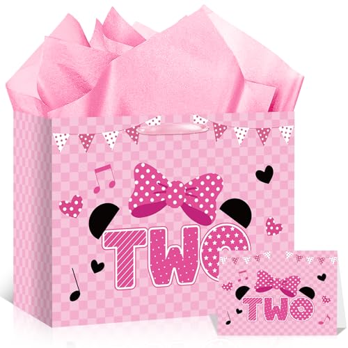 Cartoon Mouse 2nd Birthday Gift Bag Pink Mouse 2nd Birthday Bag with Tissue Paper and Card Pink Plaid Bow Two Years Old Gift Wrapping Paper Bags for Baby Girls Shower Princess 2 Year Old Party Decor