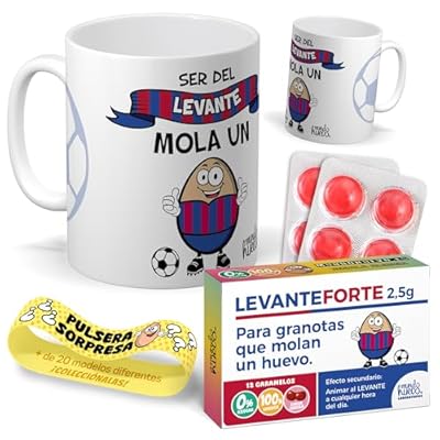 Kit regalo personalizado para aficionados del Levante | Taza Ser del Levante mola un huevo + Caramelos divertidos + Pulsera sorpresa | Regalo futbol, divertido y original para cumpleaños, navidad. | Ya disponible en tu tienda friki favorita! En mundofriki.es!