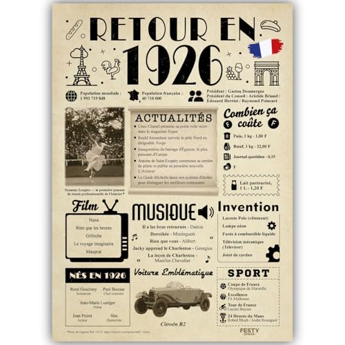 FestySpark Idée Cadeau 99 Ans Femme et Homme - Grande Carte Anniversaire 99 ans Femme et Homme - Decoration Anniversaire 99 ans - Félicitations Happy Birthday Card - Cadeau Original Retour en 1926