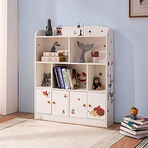 Emall Life Kids Large Bookcase with DIY Sticker Book and Toy Storage Organizer Bookshelf with 4 Layers and Doors for Girls Boys Bedroom (White) Cover