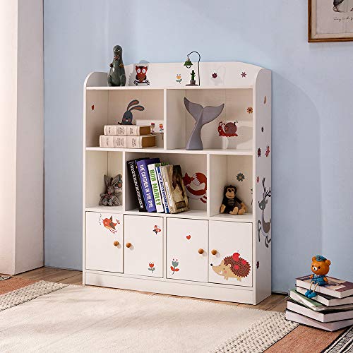 Emall Life Kids Large Bookcase with DIY Sticker Book and Toy Storage Organizer Bookshelf with 4 Layers and Doors for Girls Boys Bedroom (White)