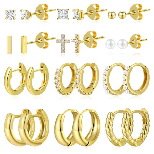 12 Pairs Small Gold Huggie Hoop Earrings Set for Women, 14K Gold Plated Hypoallergenic Tiny Trendy Stud Cartilage Earrings Pack for Jewelry Gifts
