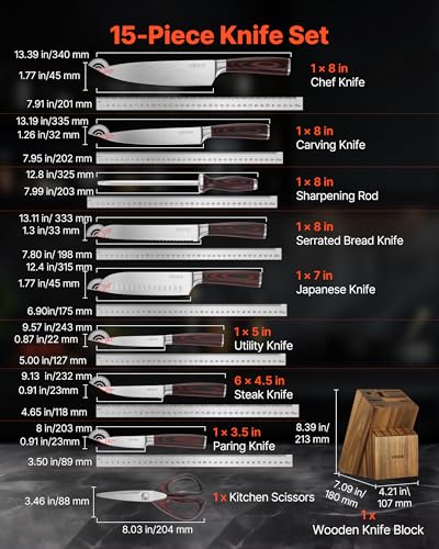 Image of VEVOR Kitchen Knife Set with Block and Sharpener, 15 Piece High Carbon Stainless Steel Knife Set, Rust-Resistant Kitchen Cutlery with Ergonomic Handle, Sharpening Rod & Premium Wooden Block, for Home