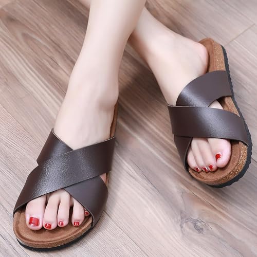 Image of Sandals Women Wide Width, Cork Footbed Arch Support Summer Beach Slide Sandals, Adjustable Strap for Wide Feet