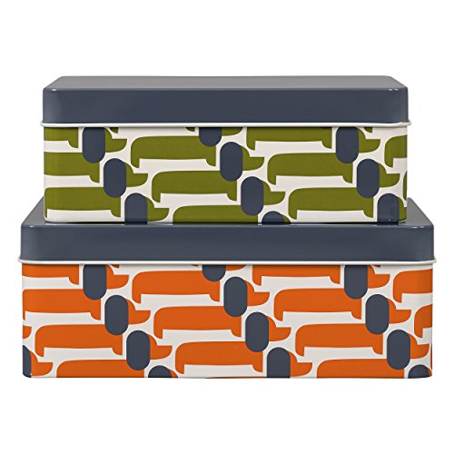 Orla Kiely | Set of 2 Storage Tins in Seagrass and Persimmon | Dachshund Design | Variety of Colours