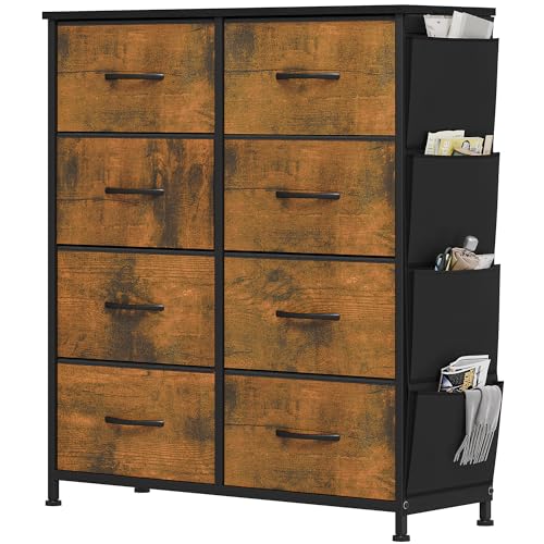 YITAHOME Cassettiera in tessuto con tasche laterali, ganci, armadietto con 8 cassetti, Cassettiera per Corridoio, con vano contenitore per soggiorno, camera da letto, Venatura del legno marcio