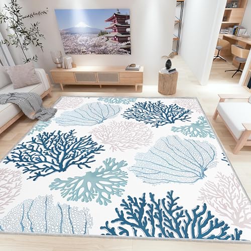 Coastal Area Rug Beach Rugs Non-Slip Nautical Coral Machine Washable Rugs Modern Floor Carpet for Bathroom Laundry Bedroom Living Room, 5x7 - Image 2