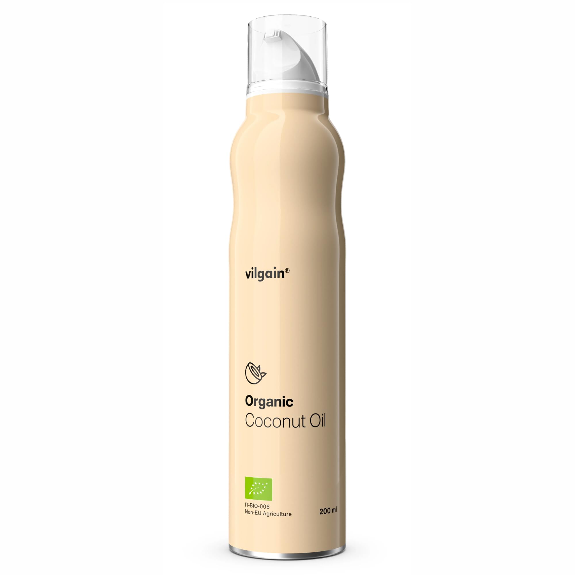 Vilgain Organic Coconut Oil Spray (200 ml) Transparent – 100% Organic Coconut Fat For Spraying, Vegan Cooking Spray Without Additives, Low-Calorie Frying & Baking, Tasteless Coconut Oil